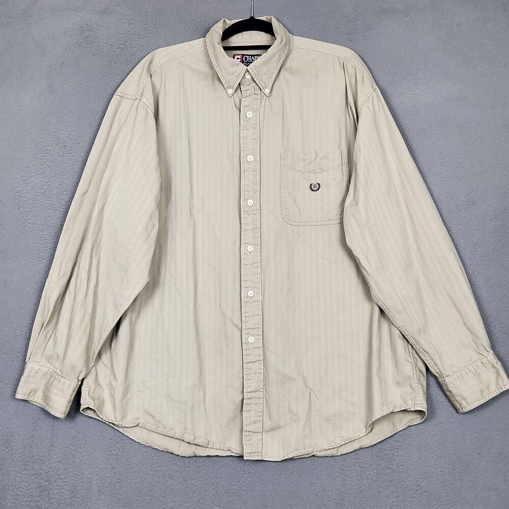 CHAPS RALPH LAUREN Shirt Mens 2XL Beige Herringbone Cotton Twill Button Down